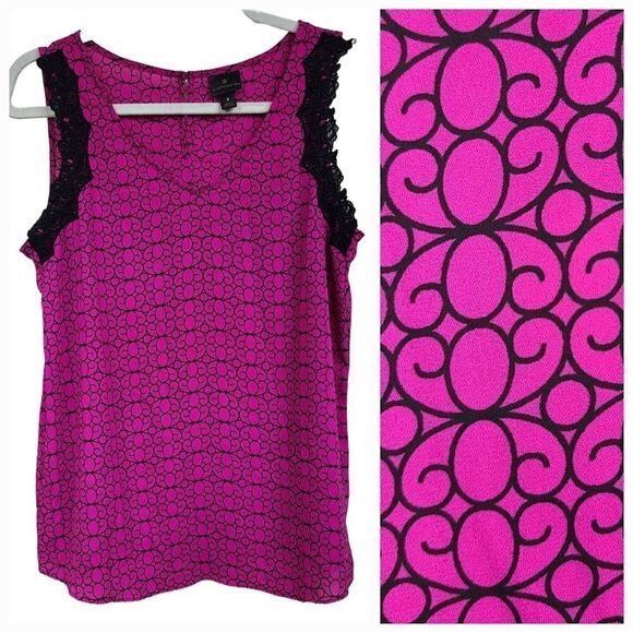 Worthington Hot Pink + Black Lace Dressy Tank Sleeveless Blouse Shell Top Career - Picture 1 of 9